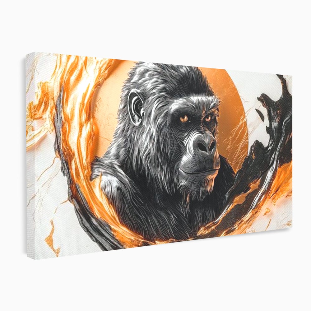 Tablou canvas cu tablou canvas cu gorila si cerc de foc, fara rama, pe sasiu de lemn